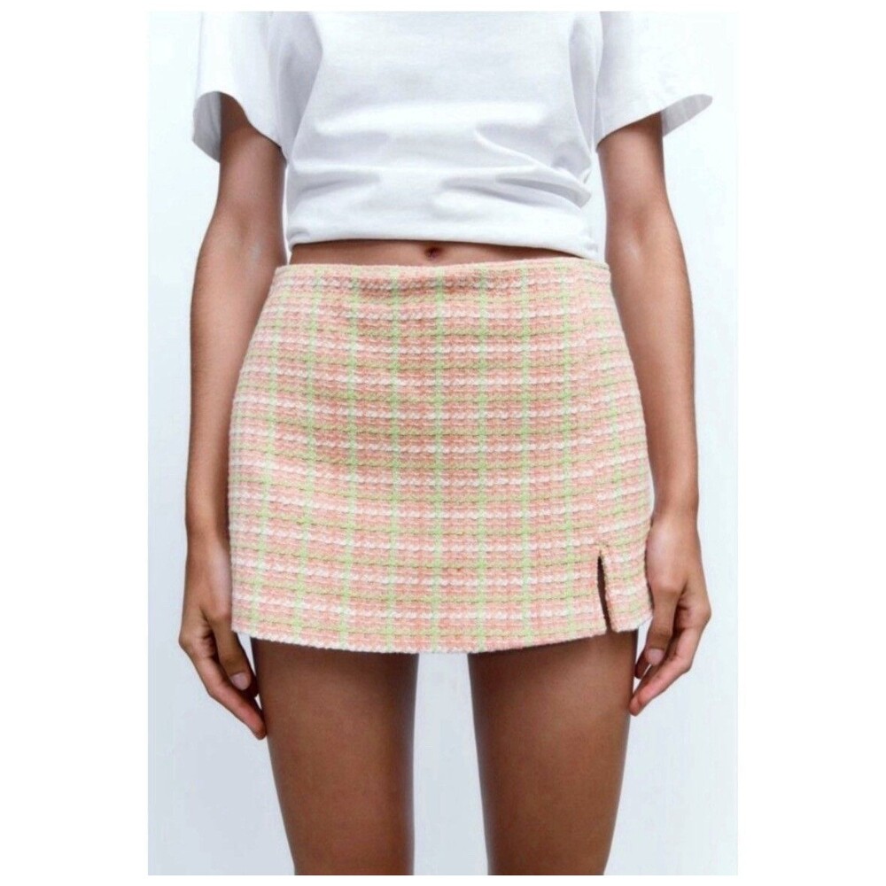 Zara Womens Tweed Mini Skort Pink Green Plaid High Waist Slit Shorts Boucle S